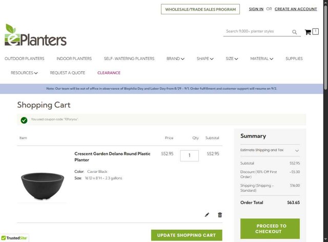 ePlanters checkout page showing ePlanters promo code box | Screenshot taken by SimplyCodes community member on Aug 27, 2025