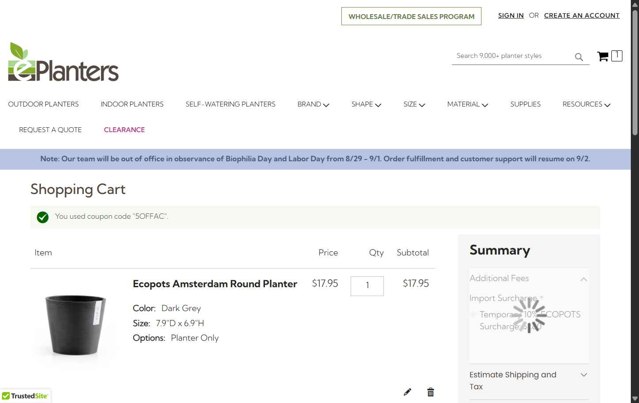 ePlanters checkout page showing ePlanters promo code box | Screenshot taken by SimplyCodes community member on Aug 27, 2025