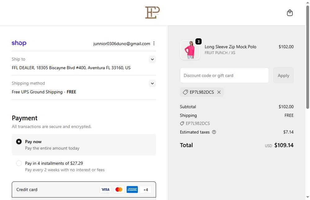 EPNY Golf checkout page showing EPNY Golf promo code box | Screenshot taken by SimplyCodes community member on Nov 13, 2025