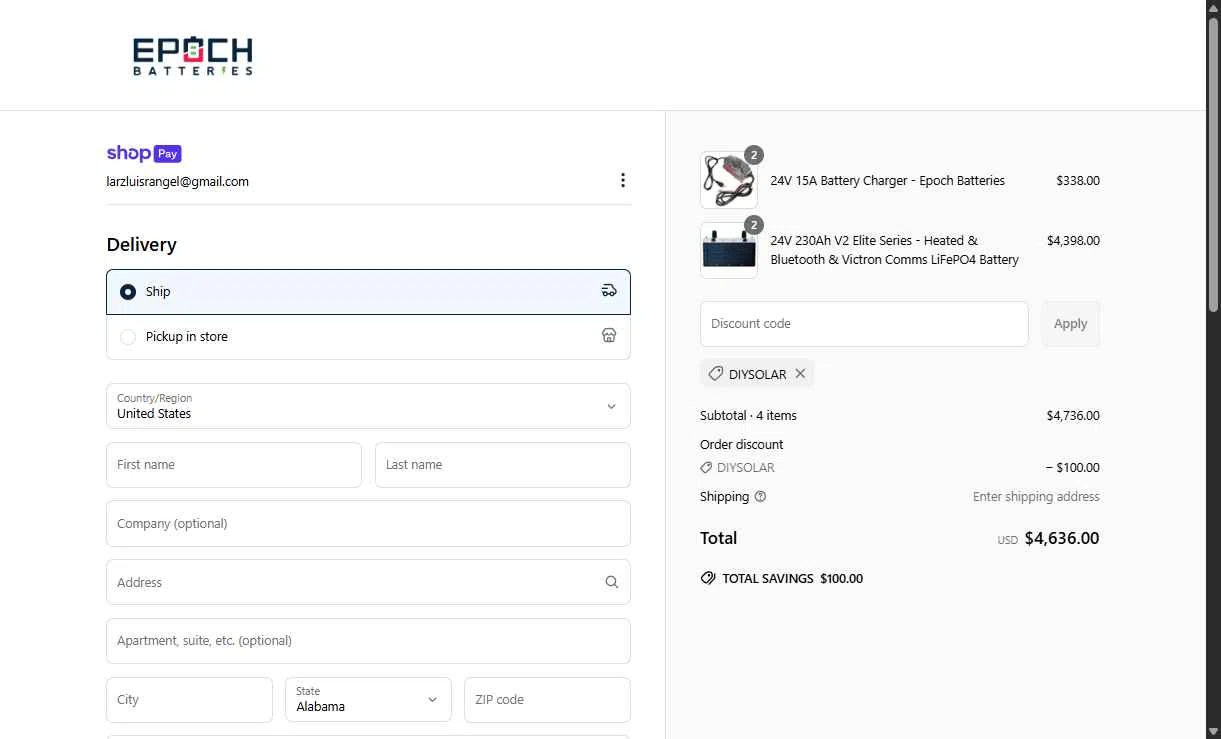 Epoch Batteries checkout page showing Epoch Batteries discount code box | Screenshot taken by SimplyCodes community member on Jun 18, 2025