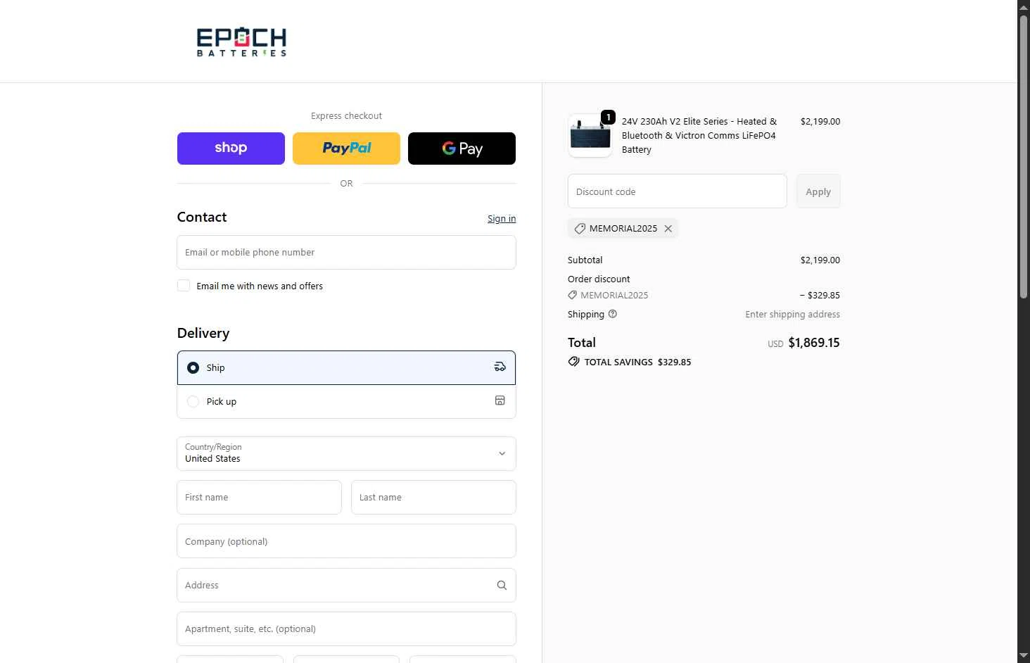 Epoch Batteries checkout page showing Epoch Batteries discount code box | Screenshot taken by SimplyCodes community member on Nov 3, 2025