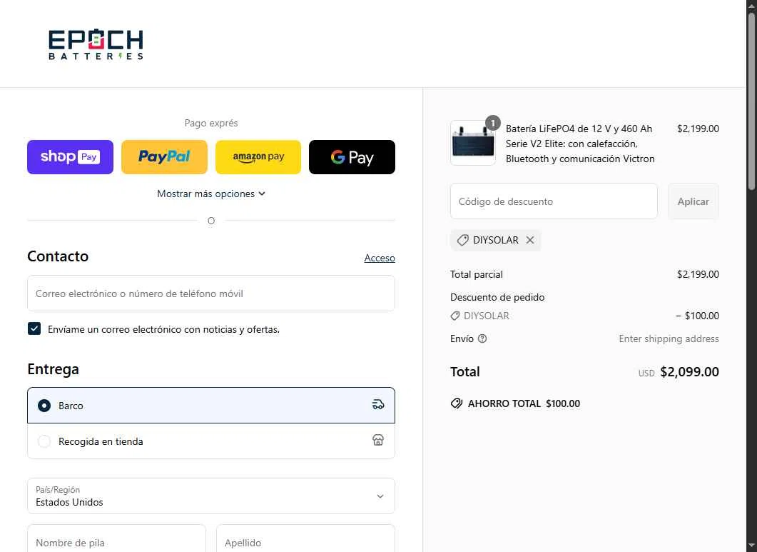 Epoch Batteries checkout page showing Epoch Batteries discount code box | Screenshot taken by SimplyCodes community member on Jun 18, 2025