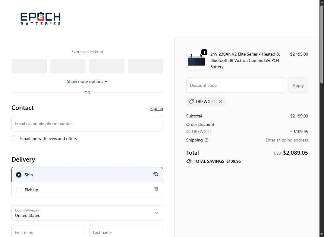 Epoch Batteries checkout page showing Epoch Batteries discount code box | Screenshot taken by SimplyCodes community member on Dec 9, 2025
