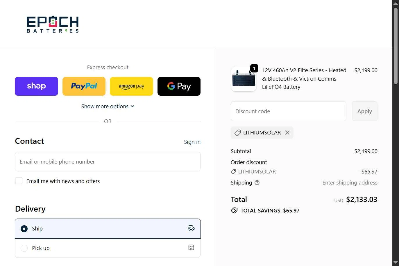 Epoch Batteries checkout page showing Epoch Batteries discount code box | Screenshot taken by SimplyCodes community member on Nov 3, 2025