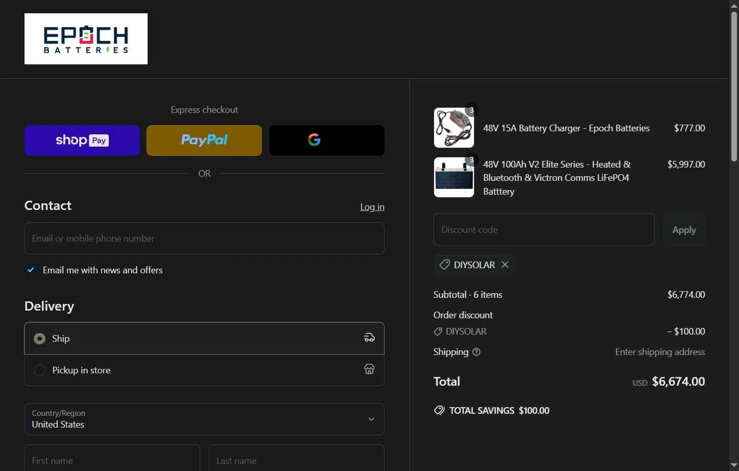 Epoch Batteries checkout page showing Epoch Batteries discount code box | Screenshot taken by SimplyCodes community member on Jun 18, 2025
