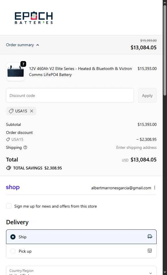 Epoch Batteries checkout page showing Epoch Batteries discount code box | Screenshot taken by SimplyCodes community member on Nov 3, 2025