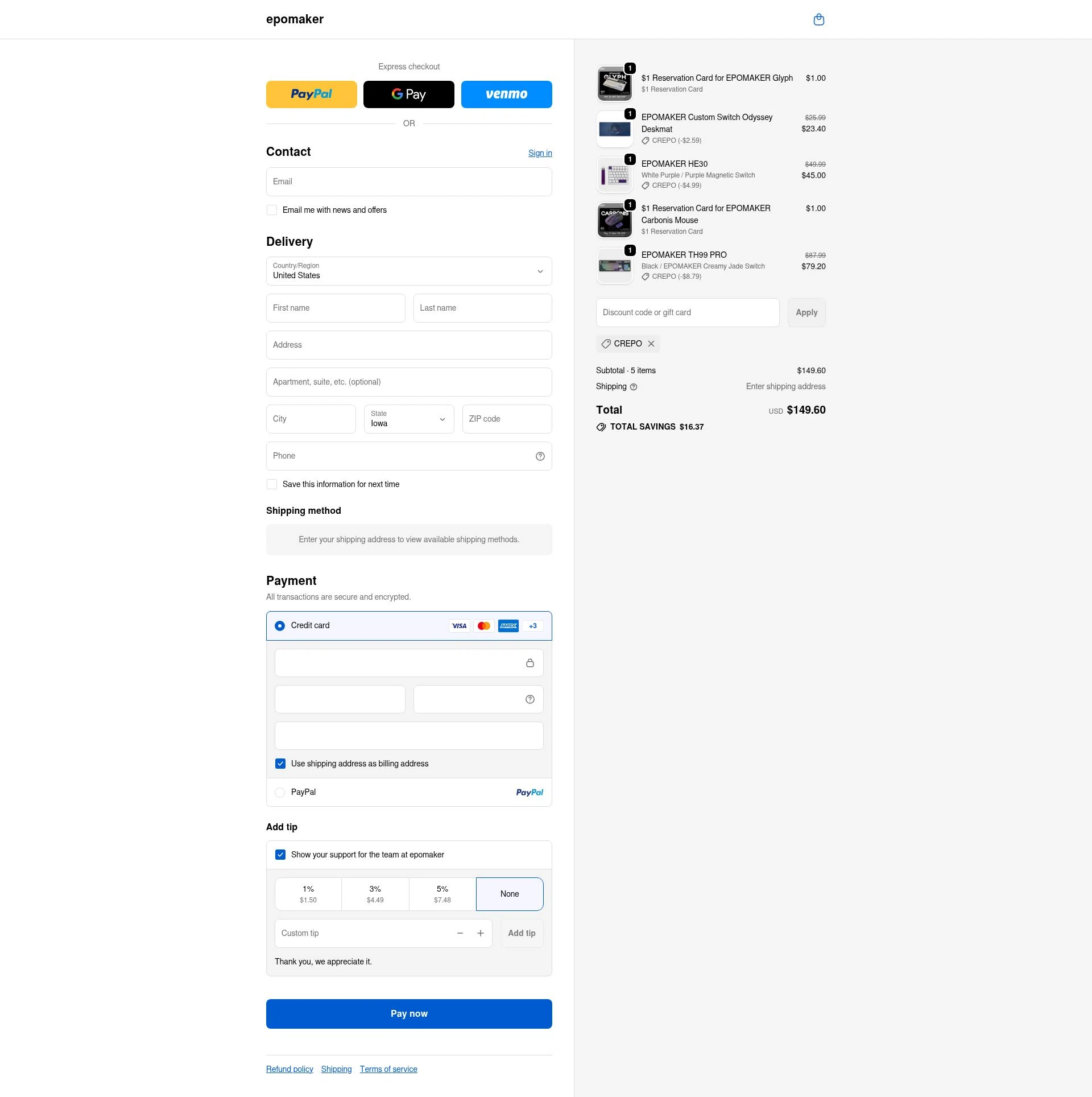 Epomaker checkout page showing Epomaker discount code box | Screenshot taken by SimplyCodes community member on Feb 4, 2026