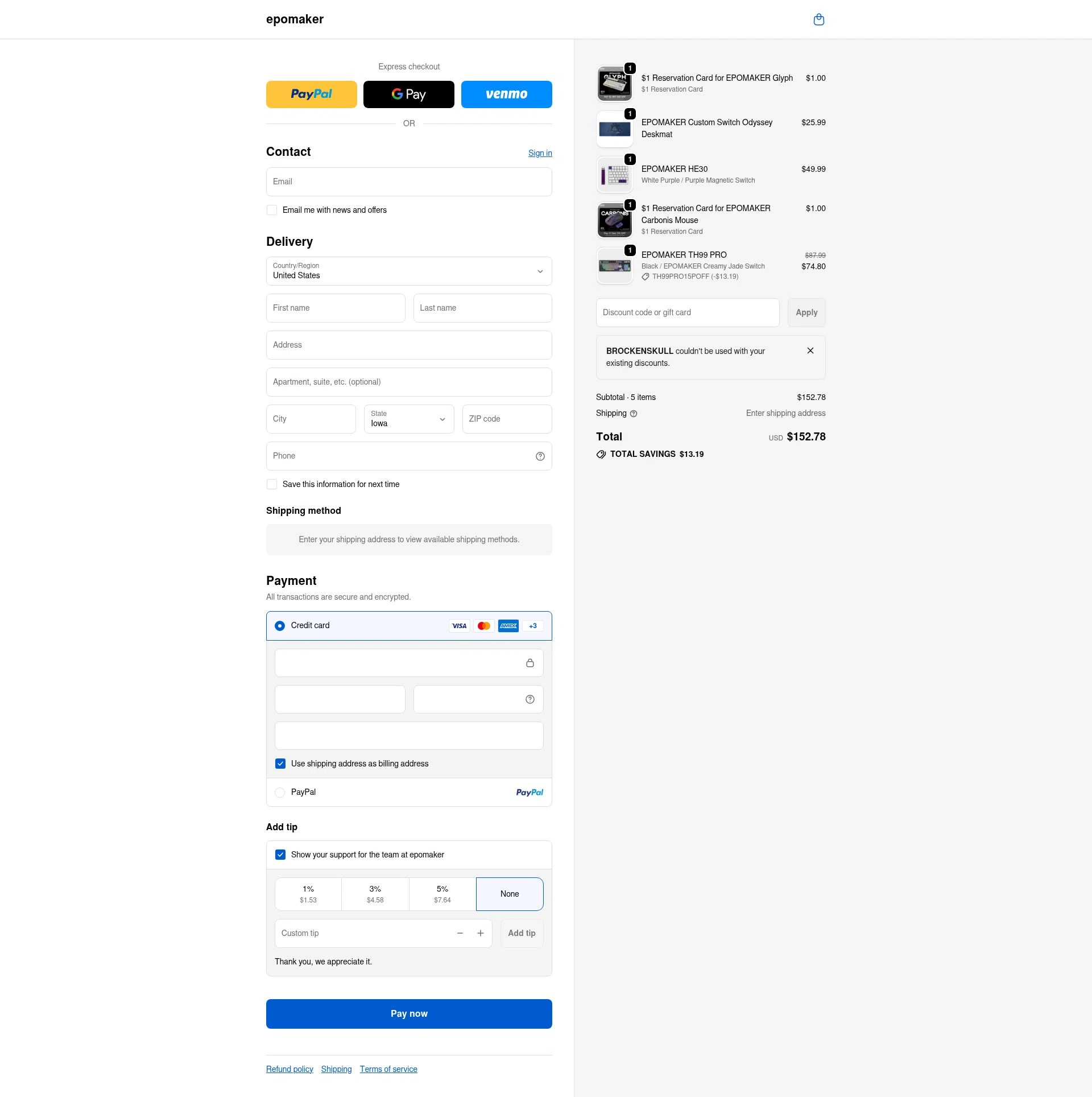 Epomaker checkout page showing Epomaker discount code box | Screenshot taken by SimplyCodes community member on Feb 4, 2026