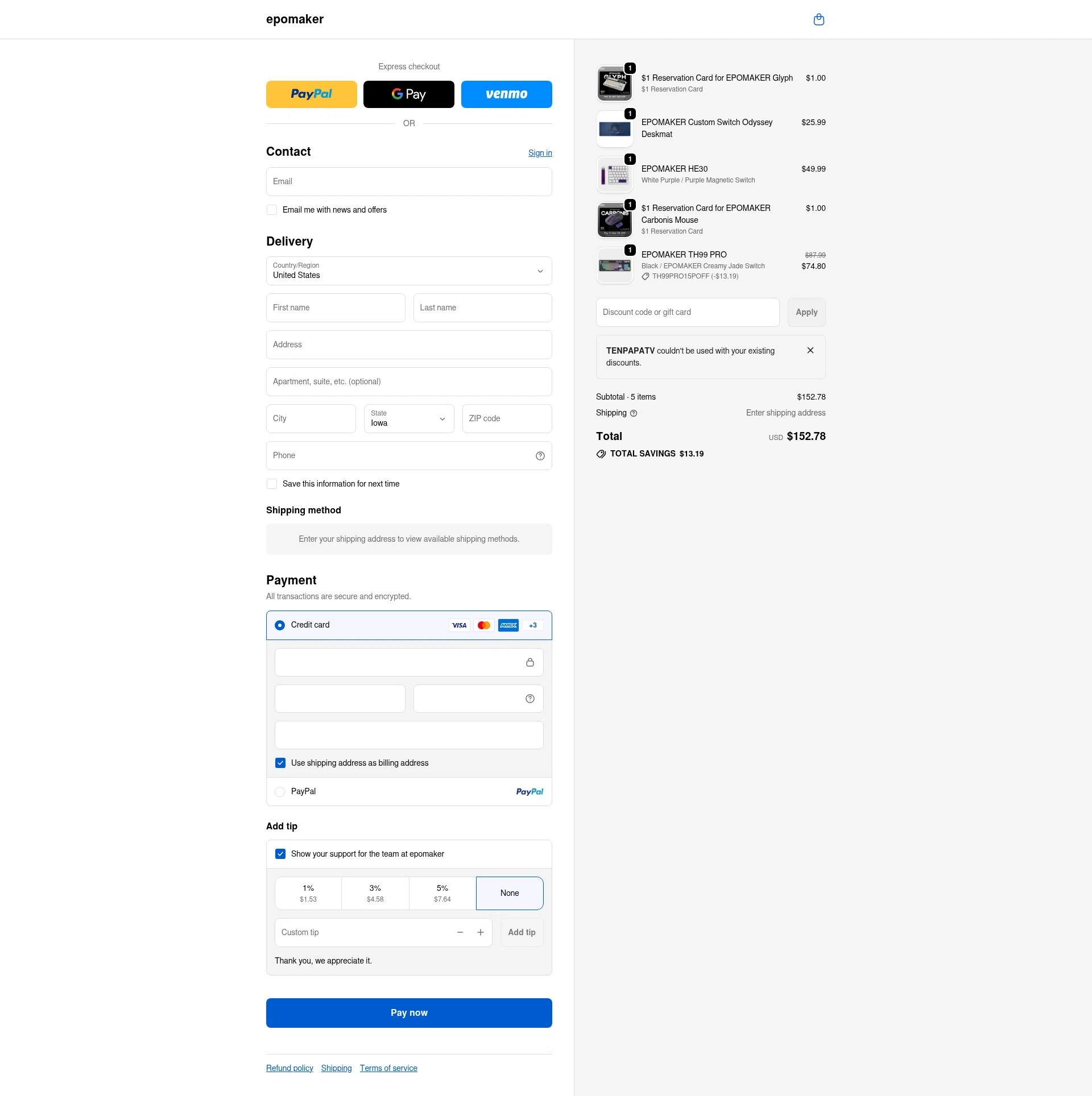 Epomaker checkout page showing Epomaker discount code box | Screenshot taken by SimplyCodes community member on Feb 4, 2026