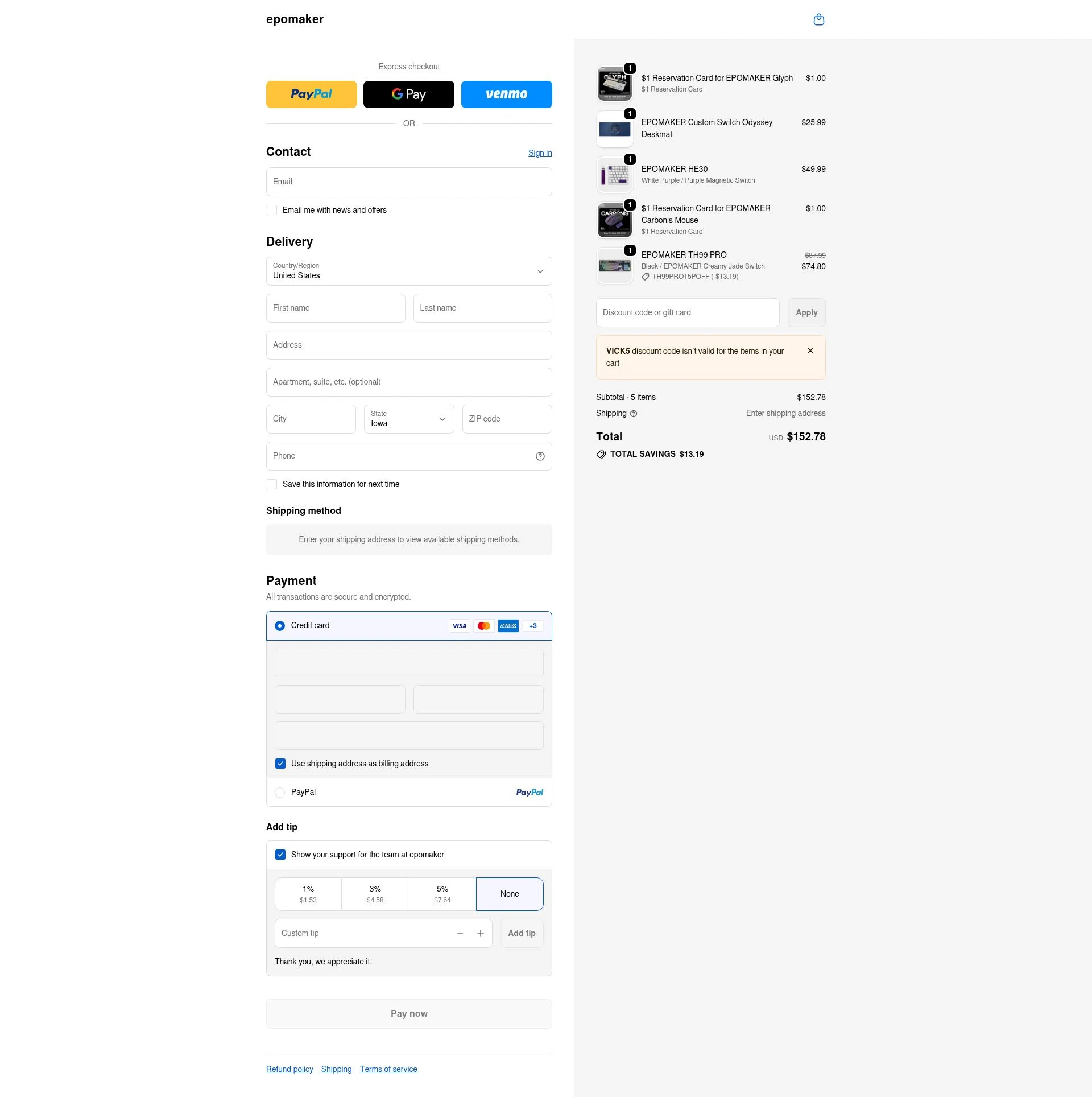 Epomaker checkout page showing Epomaker discount code box | Screenshot taken by SimplyCodes community member on Feb 4, 2026