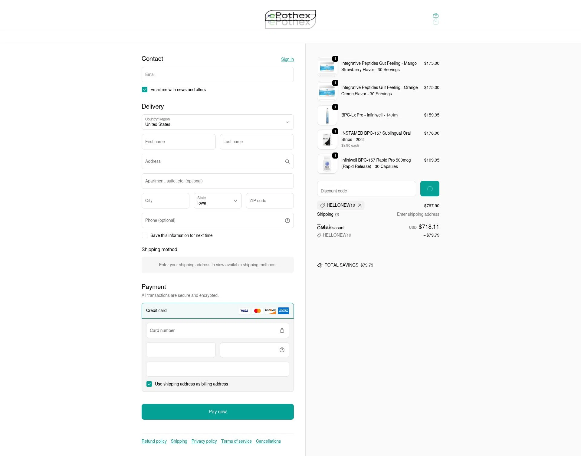 Epothex checkout page showing Epothex discount code box | Screenshot taken by SimplyCodes community member on Feb 7, 2026