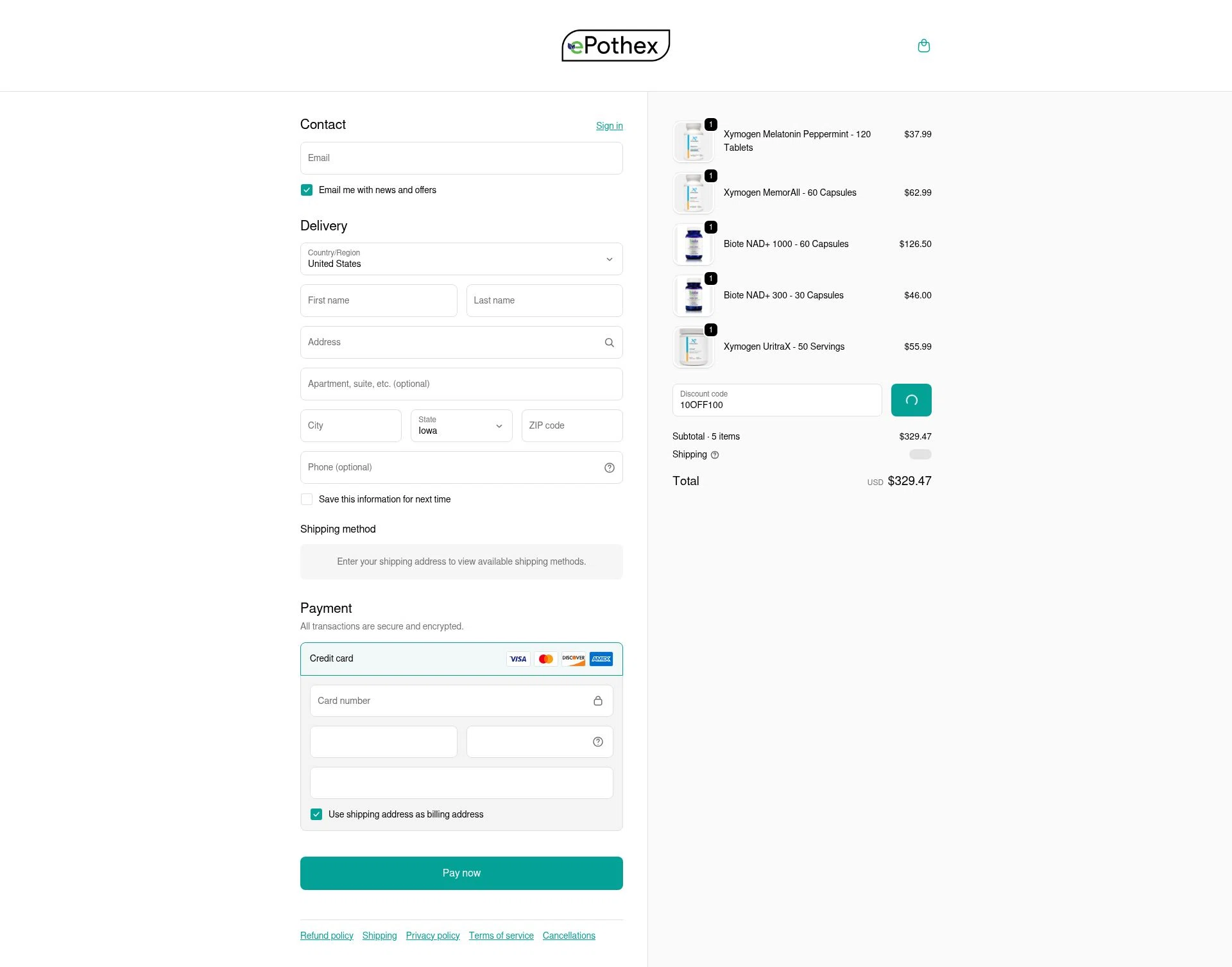 Epothex checkout page showing Epothex discount code box | Screenshot taken by SimplyCodes community member on Feb 11, 2026