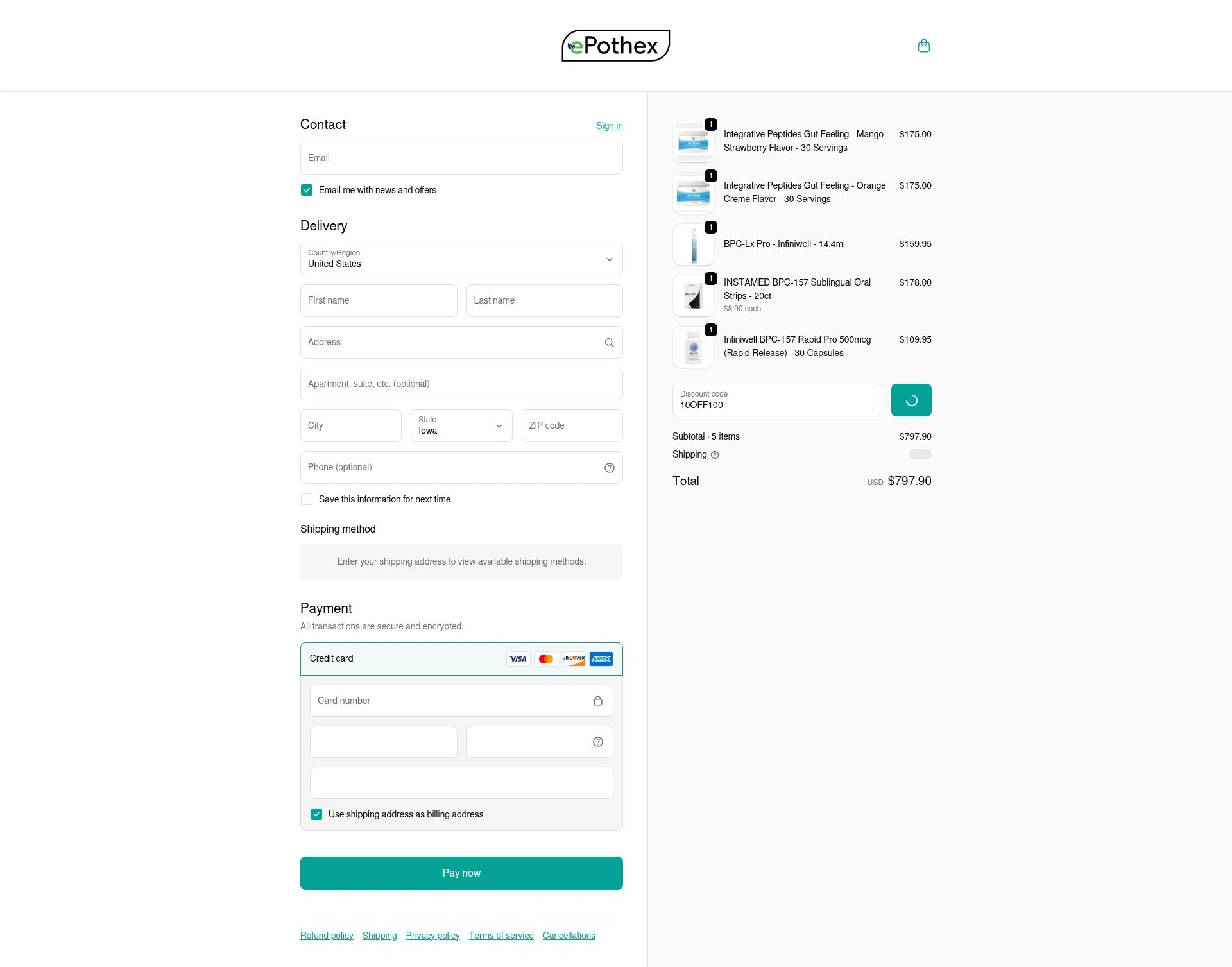 Epothex checkout page showing Epothex discount code box | Screenshot taken by SimplyCodes community member on Jan 29, 2026