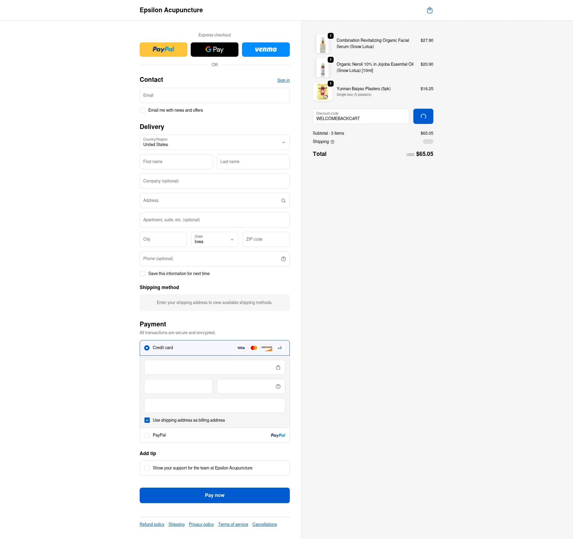 Epsilon Acupuncture checkout page showing Epsilon Acupuncture discount code box | Screenshot taken by SimplyCodes community member on Feb 18, 2026