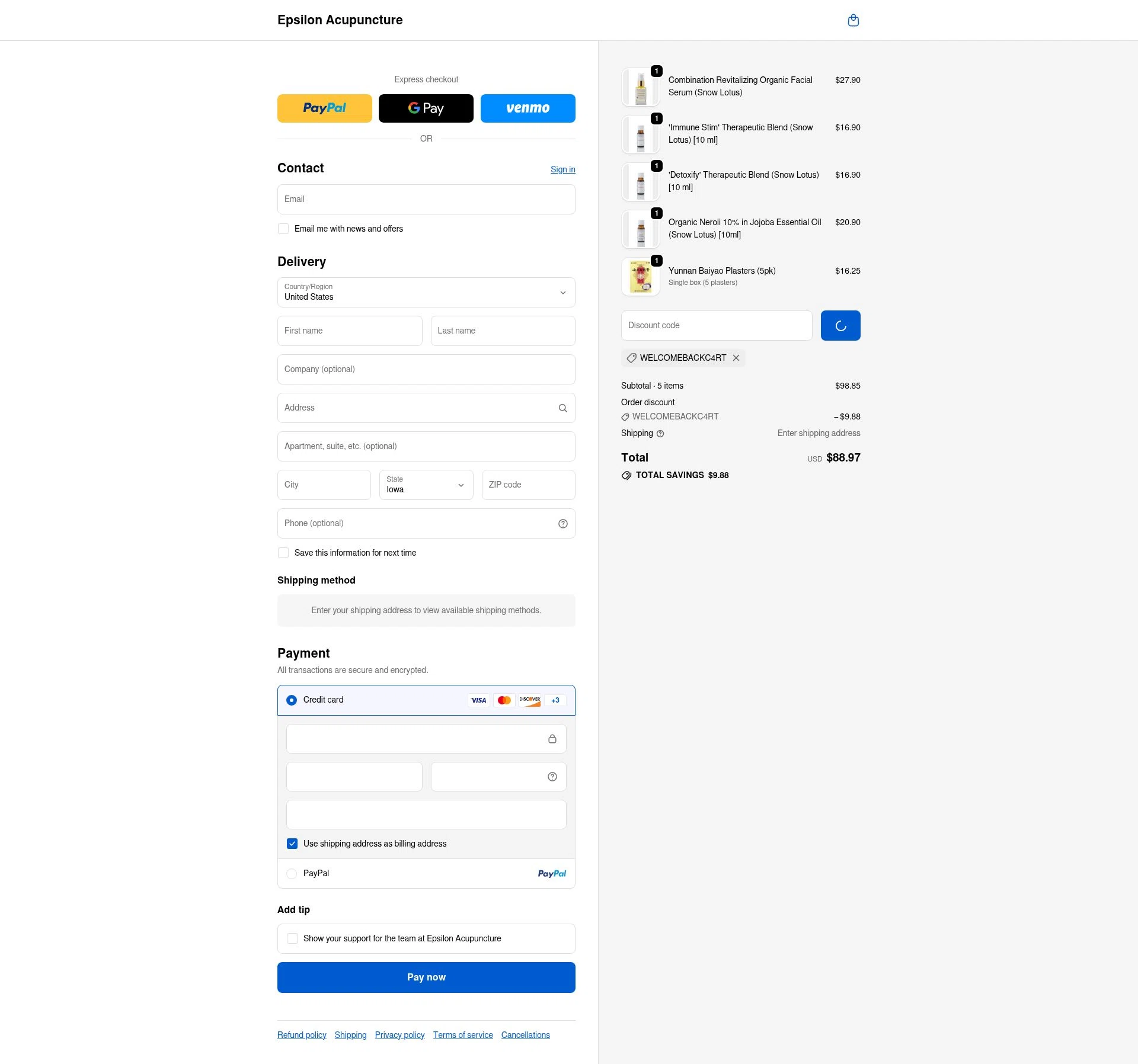 Epsilon Acupuncture checkout page showing Epsilon Acupuncture discount code box | Screenshot taken by SimplyCodes community member on Jan 18, 2026