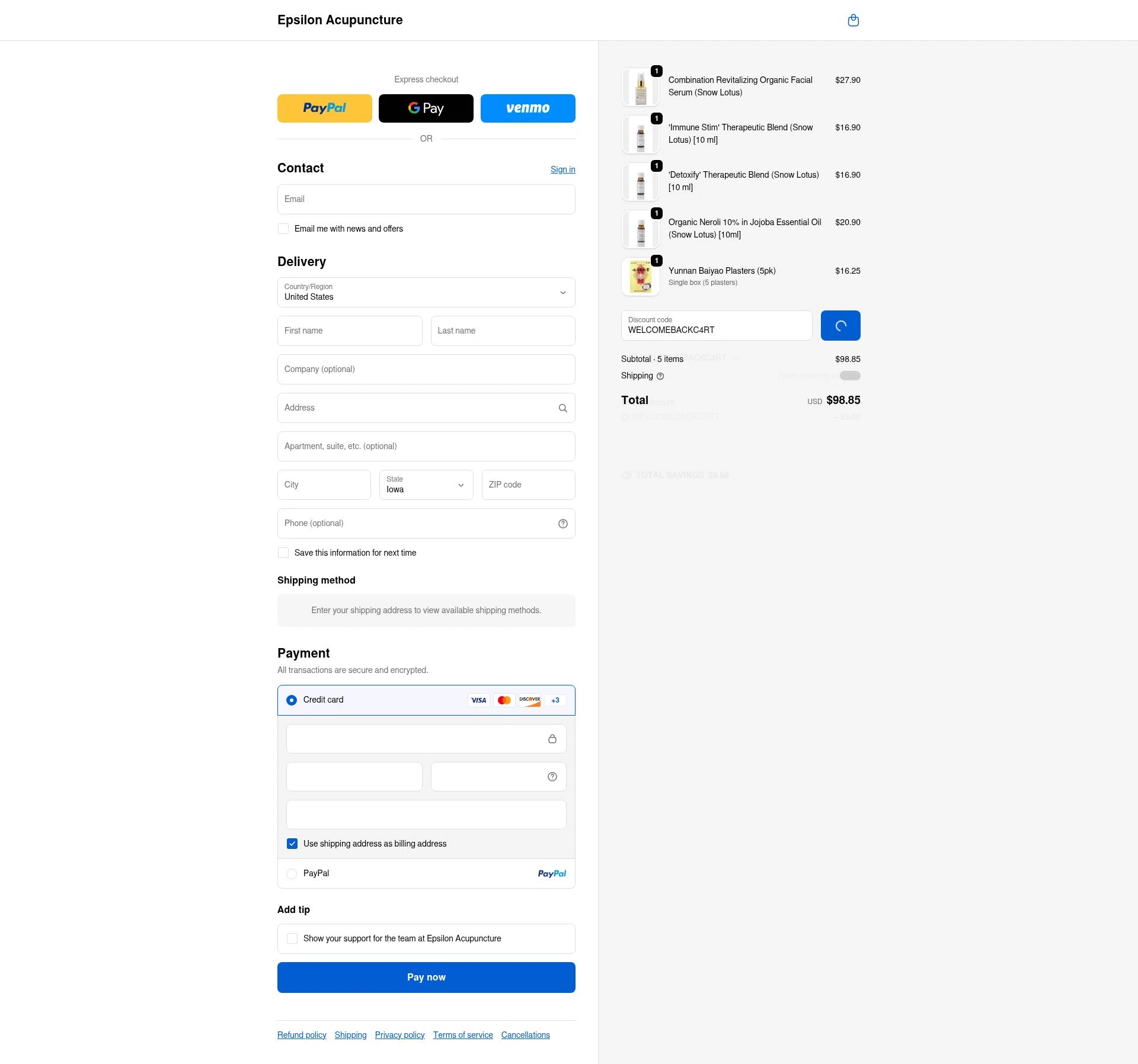 Epsilon Acupuncture checkout page showing Epsilon Acupuncture discount code box | Screenshot taken by SimplyCodes community member on Jan 13, 2026