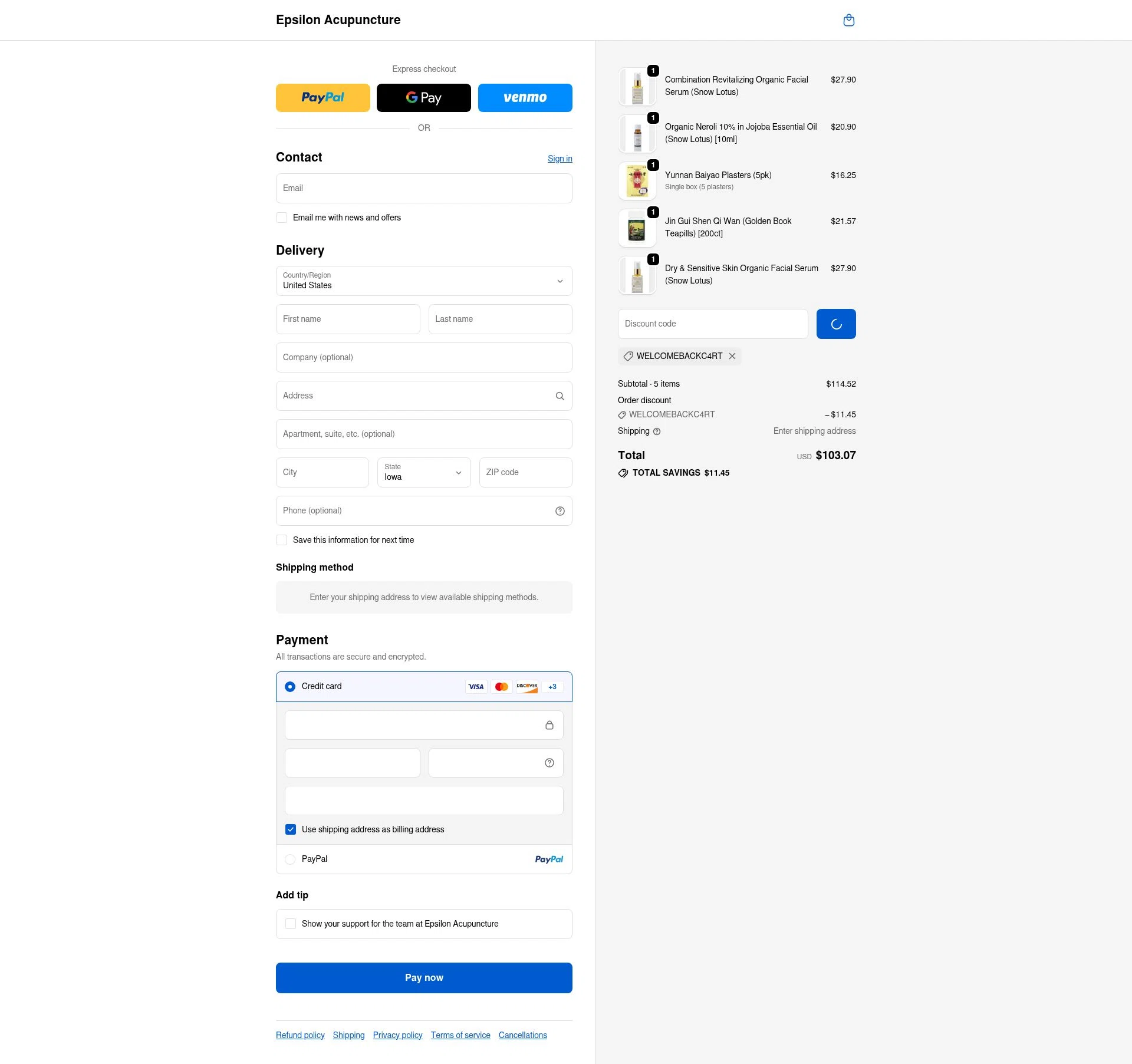 Epsilon Acupuncture checkout page showing Epsilon Acupuncture discount code box | Screenshot taken by SimplyCodes community member on Feb 23, 2026