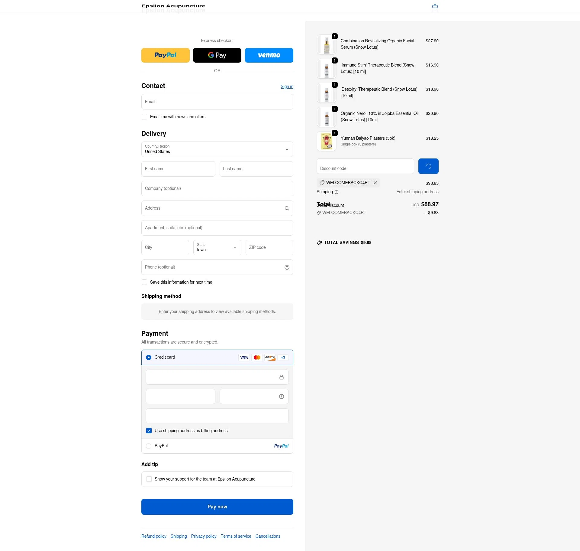 Epsilon Acupuncture checkout page showing Epsilon Acupuncture discount code box | Screenshot taken by SimplyCodes community member on Jan 27, 2026