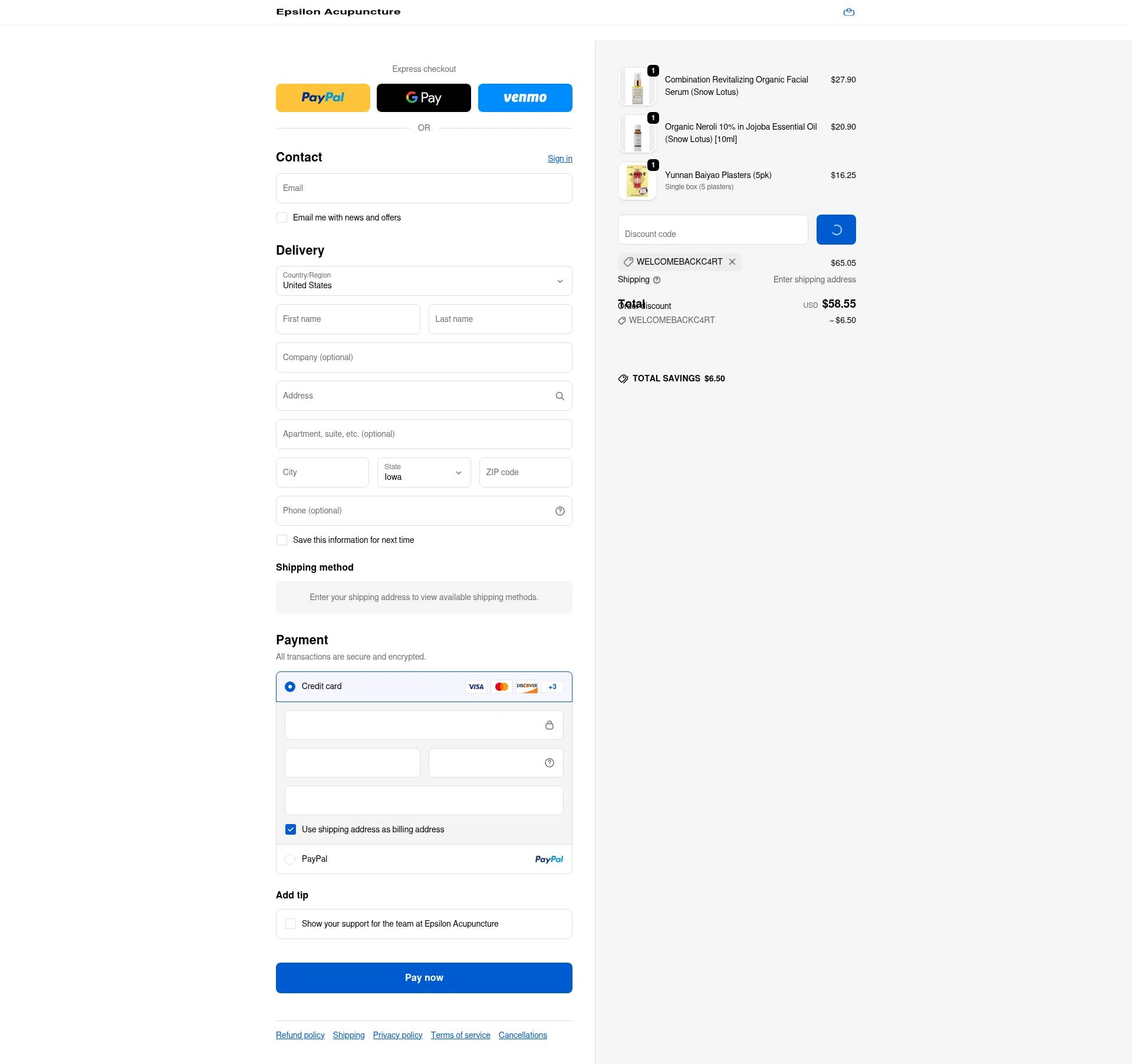 Epsilon Acupuncture checkout page showing Epsilon Acupuncture discount code box | Screenshot taken by SimplyCodes community member on Feb 9, 2026