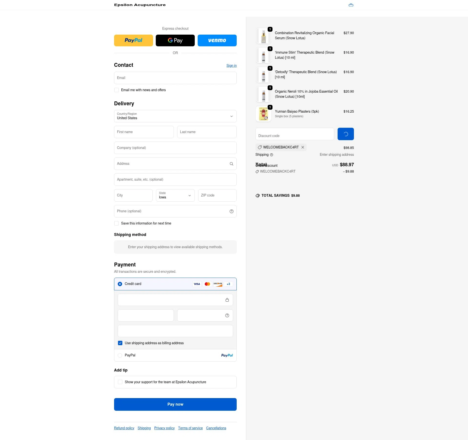 Epsilon Acupuncture checkout page showing Epsilon Acupuncture discount code box | Screenshot taken by SimplyCodes community member on Feb 1, 2026