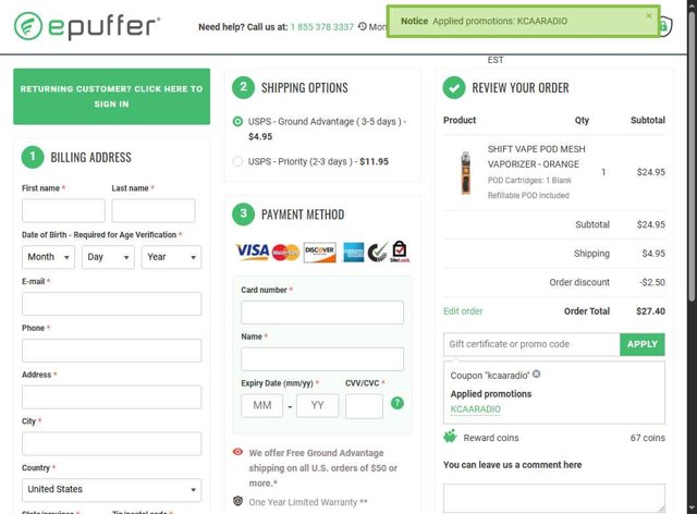 ePuffer checkout page showing ePuffer promo code box | Screenshot taken by SimplyCodes community member on Jul 5, 2025