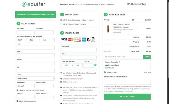 ePuffer checkout page showing ePuffer promo code box | Screenshot taken by SimplyCodes community member on Jul 5, 2025