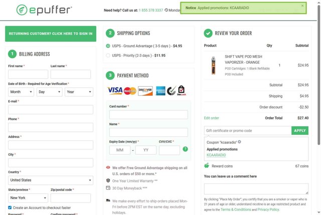 ePuffer checkout page showing ePuffer promo code box | Screenshot taken by SimplyCodes community member on Jul 5, 2025