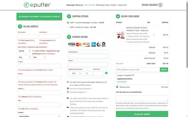 ePuffer checkout page showing ePuffer promo code box | Screenshot taken by SimplyCodes community member on Jul 5, 2025
