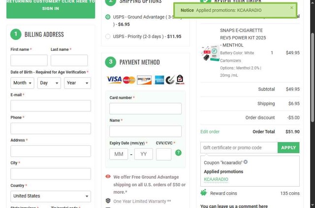 ePuffer checkout page showing ePuffer promo code box | Screenshot taken by SimplyCodes community member on Jul 5, 2025