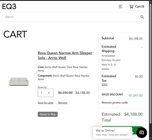 EQ3 checkout page showing EQ3 promo code box | Screenshot taken by SimplyCodes community member on Aug 18, 2025