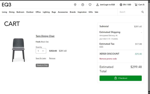 EQ3 checkout page showing EQ3 promo code box | Screenshot taken by SimplyCodes community member on May 13, 2025