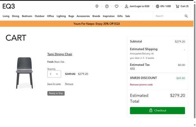 EQ3 checkout page showing EQ3 promo code box | Screenshot taken by SimplyCodes community member on Aug 25, 2025
