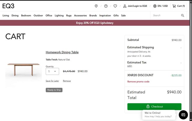 EQ3 checkout page showing EQ3 promo code box | Screenshot taken by SimplyCodes community member on Jun 28, 2025