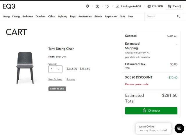 EQ3 checkout page showing EQ3 promo code box | Screenshot taken by SimplyCodes community member on Aug 18, 2025