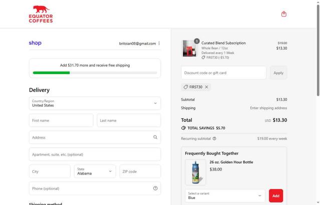 Equator Coffees & Teas checkout page showing Equator Coffees & Teas promo code box | Screenshot taken by SimplyCodes community member on Sep 4, 2025
