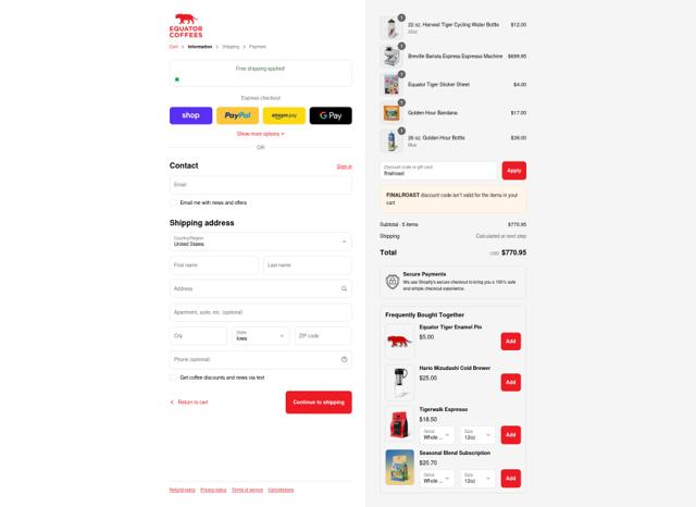 Equator Coffees & Teas checkout page showing Equator Coffees & Teas promo code box | Screenshot taken by SimplyCodes community member on Sep 12, 2025
