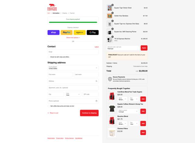 Equator Coffees & Teas checkout page showing Equator Coffees & Teas promo code box | Screenshot taken by SimplyCodes community member on Sep 4, 2025