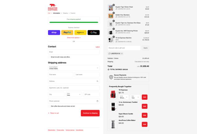 Equator Coffees & Teas checkout page showing Equator Coffees & Teas promo code box | Screenshot taken by SimplyCodes community member on Aug 31, 2025