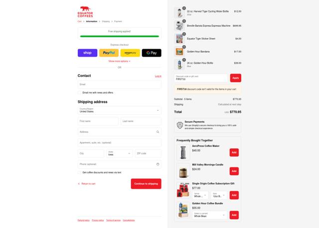 Equator Coffees & Teas checkout page showing Equator Coffees & Teas promo code box | Screenshot taken by SimplyCodes community member on Sep 8, 2025