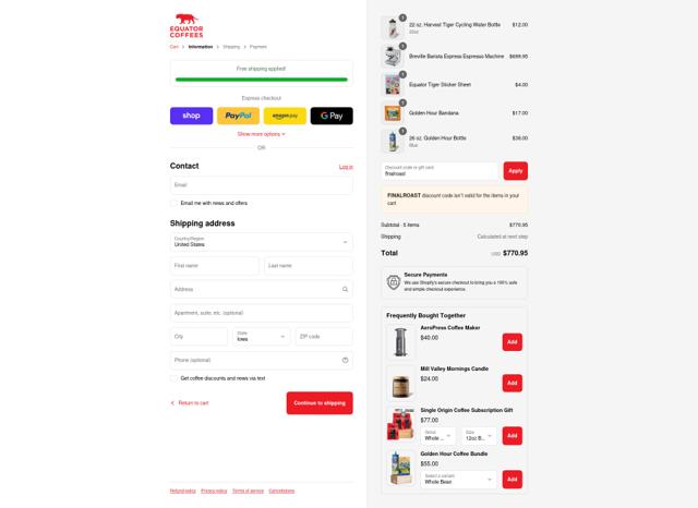 Equator Coffees & Teas checkout page showing Equator Coffees & Teas promo code box | Screenshot taken by SimplyCodes community member on Sep 8, 2025