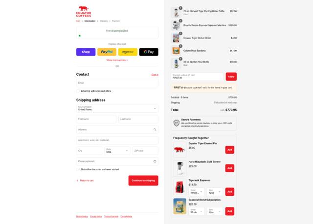 Equator Coffees & Teas checkout page showing Equator Coffees & Teas promo code box | Screenshot taken by SimplyCodes community member on Sep 12, 2025