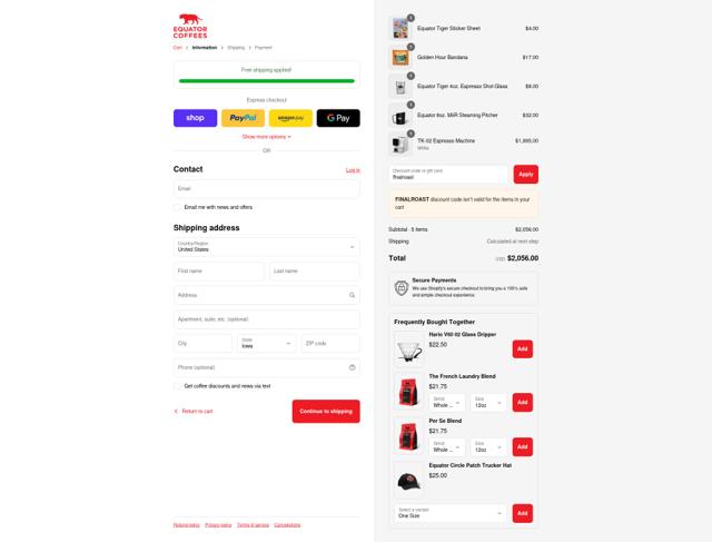 Equator Coffees & Teas checkout page showing Equator Coffees & Teas promo code box | Screenshot taken by SimplyCodes community member on Aug 31, 2025