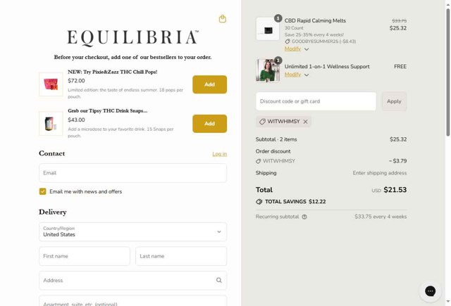 Equilibria checkout page showing Equilibria coupon code box | Screenshot taken by SimplyCodes community member on Sep 7, 2025