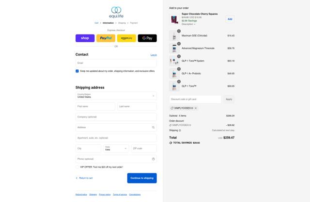 EquiLife checkout page showing EquiLife discount code box | Screenshot taken by SimplyCodes community member on Sep 8, 2025