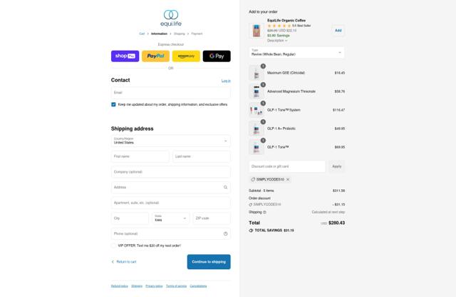 EquiLife checkout page showing EquiLife discount code box | Screenshot taken by SimplyCodes community member on Aug 5, 2025