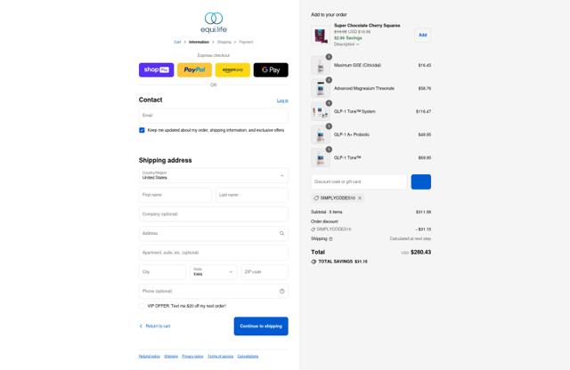 EquiLife checkout page showing EquiLife discount code box | Screenshot taken by SimplyCodes community member on Aug 27, 2025