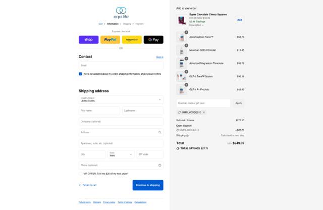 EquiLife checkout page showing EquiLife discount code box | Screenshot taken by SimplyCodes community member on Sep 12, 2025