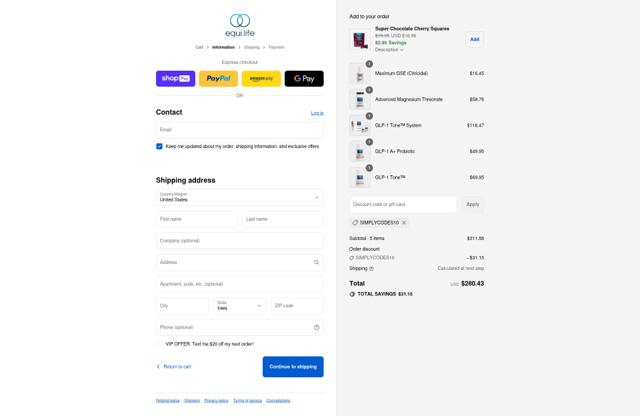 EquiLife checkout page showing EquiLife discount code box | Screenshot taken by SimplyCodes community member on Aug 22, 2025