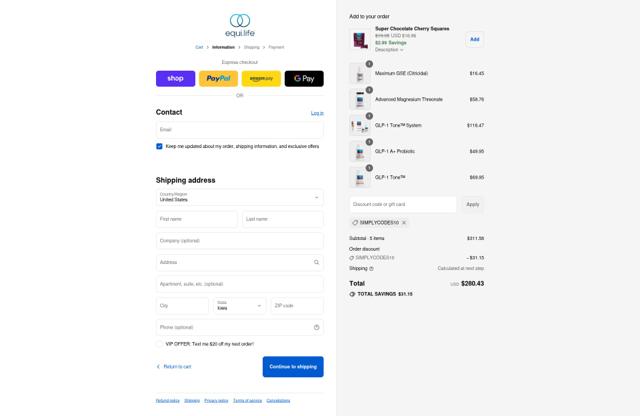 EquiLife checkout page showing EquiLife discount code box | Screenshot taken by SimplyCodes community member on Sep 4, 2025