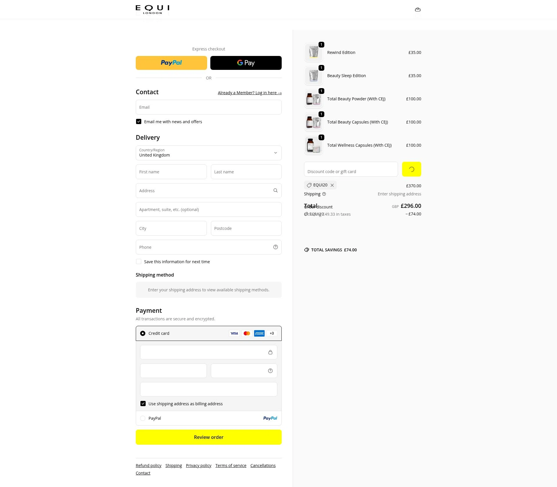 Equi London checkout page showing Equi London discount code box | Screenshot taken by SimplyCodes community member on Jan 6, 2026